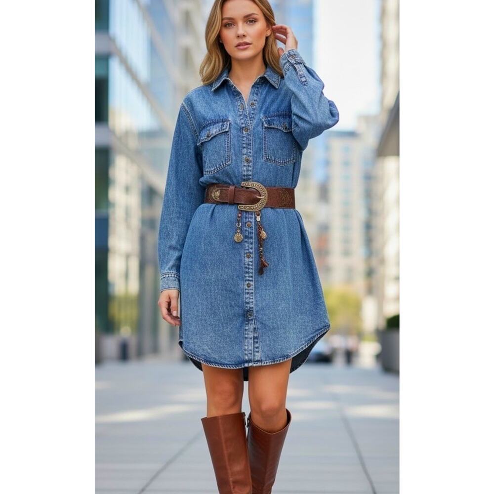 Denim Shirt Dress Button Down Pockets Blue Acid Wash Boho Western 90s Grunge S